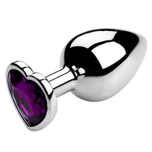 Plug metálico mediano con joya corazón morada – Elegancia firme para el juego anal